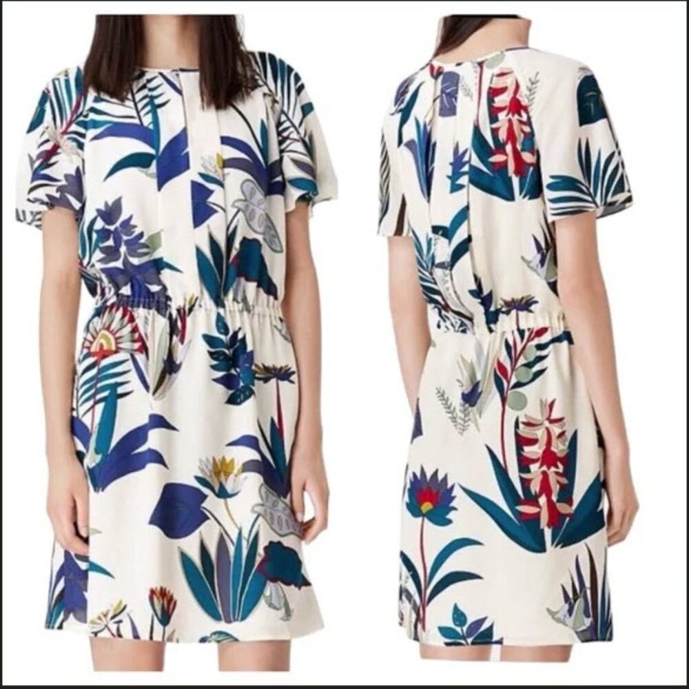 Tory Burch Utopia Ivory Dress, Floral Botanical Silk XS, 0, Retail $395